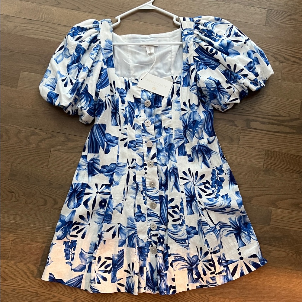 Caroline Constas Blue and White Patterned Dress